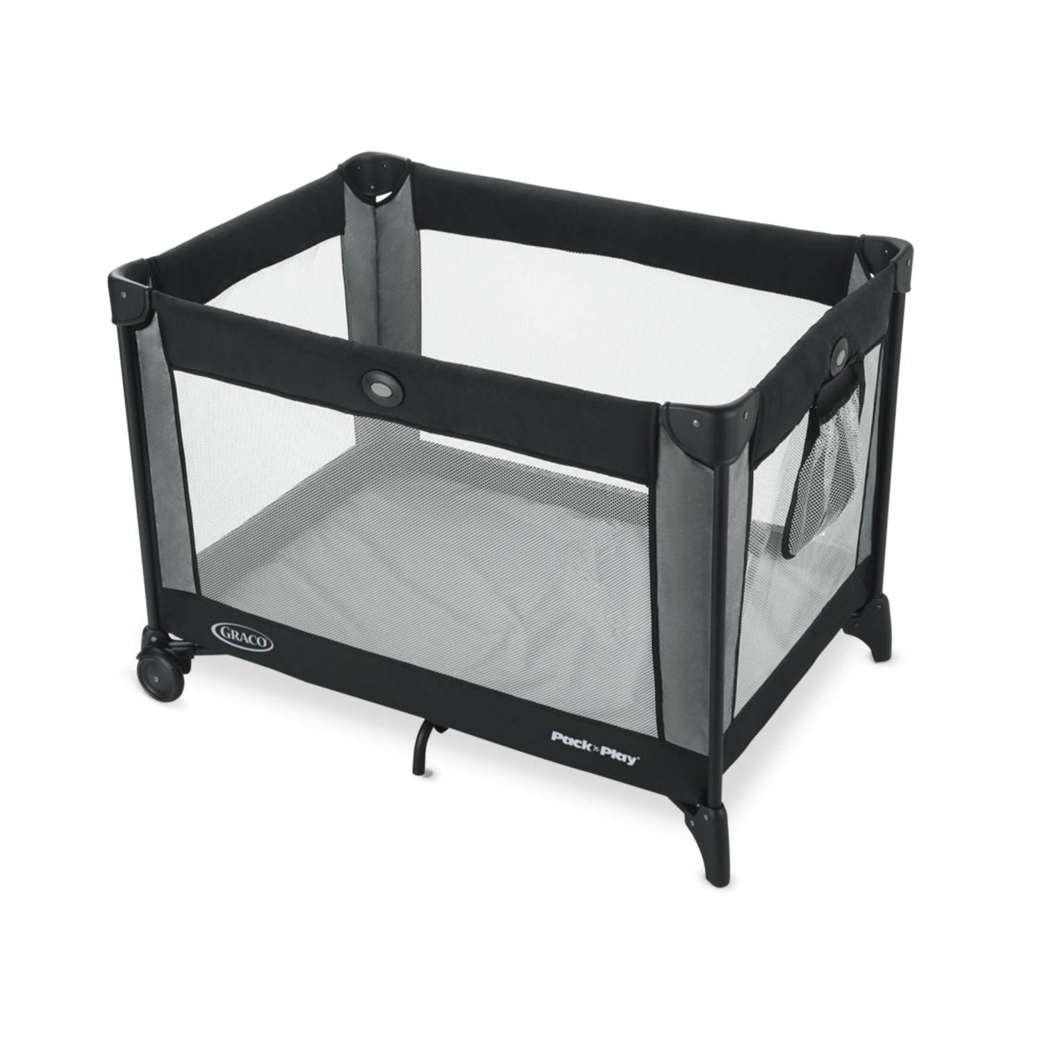 Corral portรกtil Graco negro con malla y ruedas para fรกcil transporte